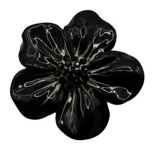 Vintage Enamel Brooch • Black & White Floral • Rhinestones • 2.25” • 1960s